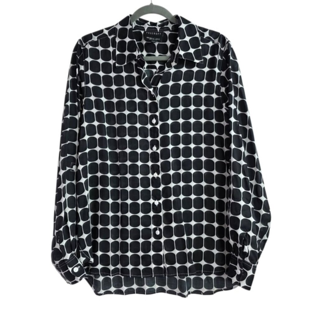 Foxcroft Geometric Print Roll Tab Sleeve Button Up wrinkle free  Blouse